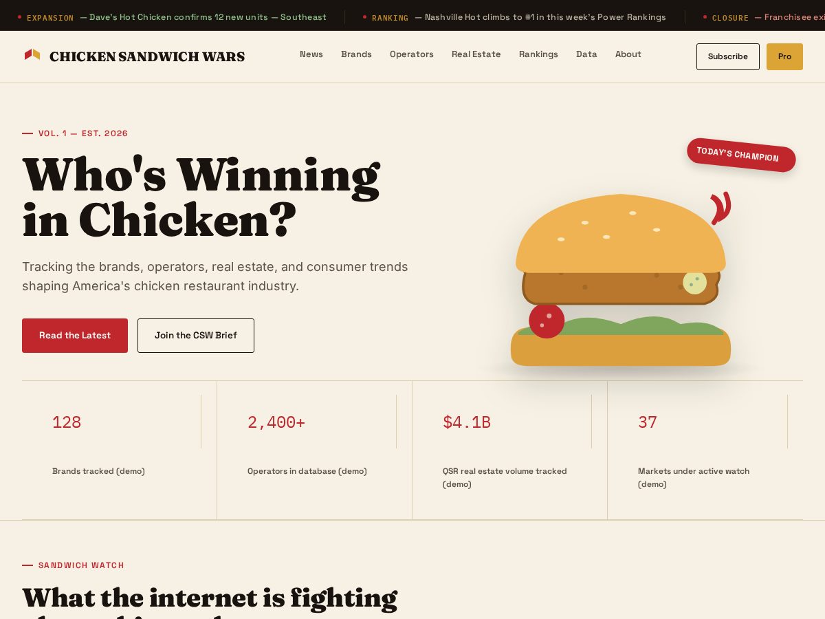 Landing-page snapshot of chickensandwichwars.com
