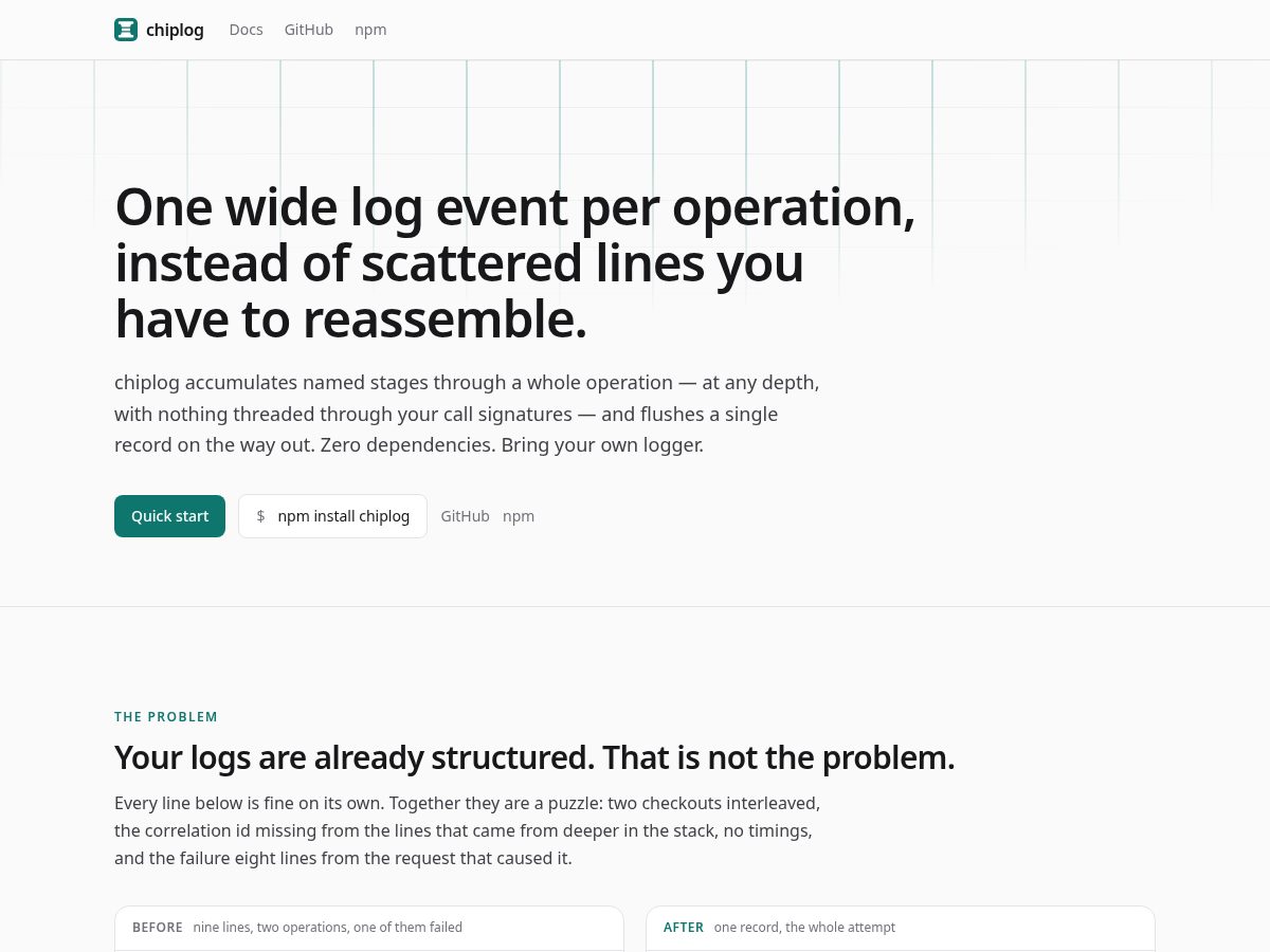 Landing-page snapshot of chiplog.dev
