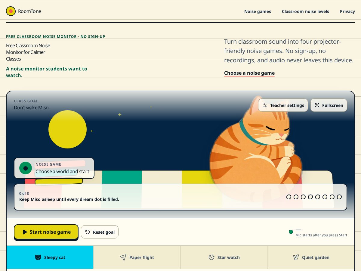 Landing-page snapshot of classroomnoise.live