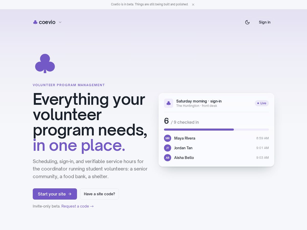 Landing-page snapshot of coevio.com