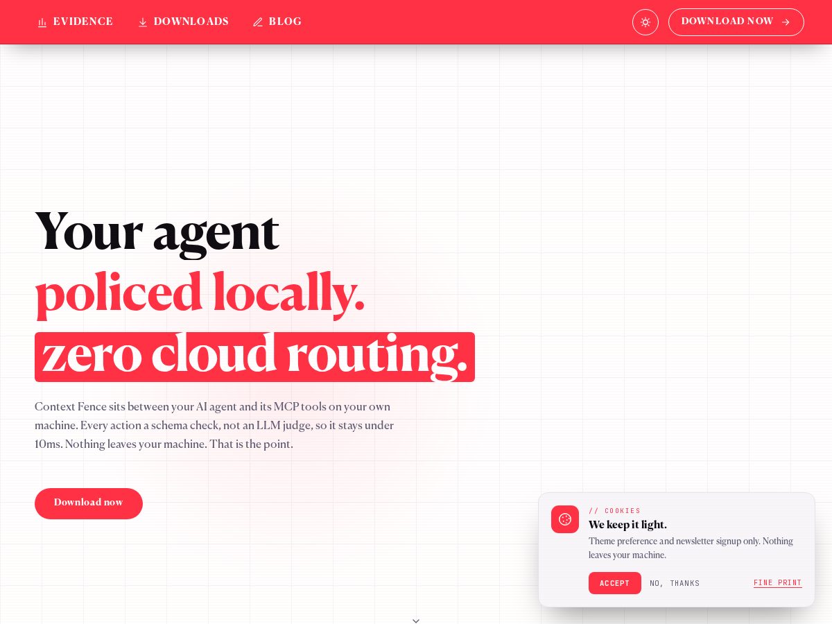 Landing-page snapshot of contextfence.dev