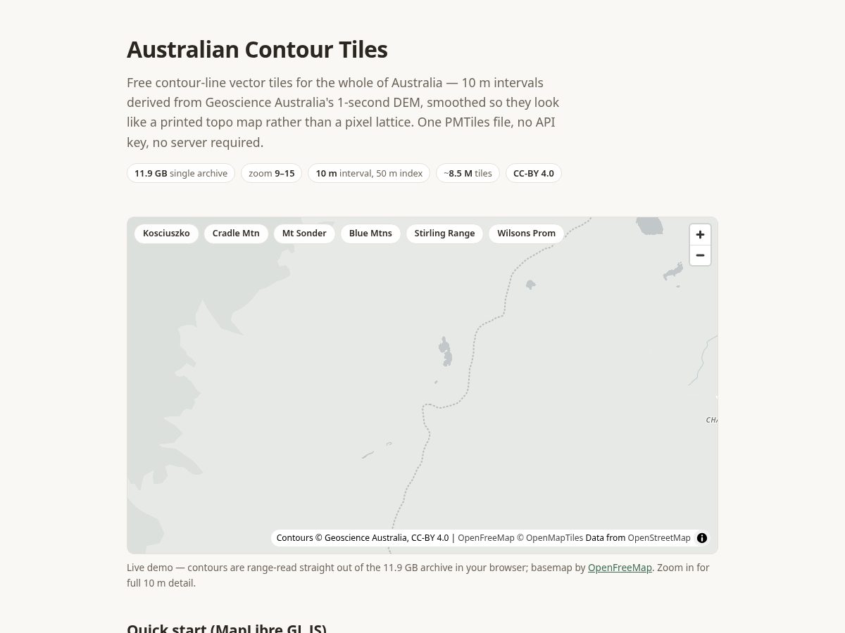 Landing-page snapshot of contour-map-tiles.net