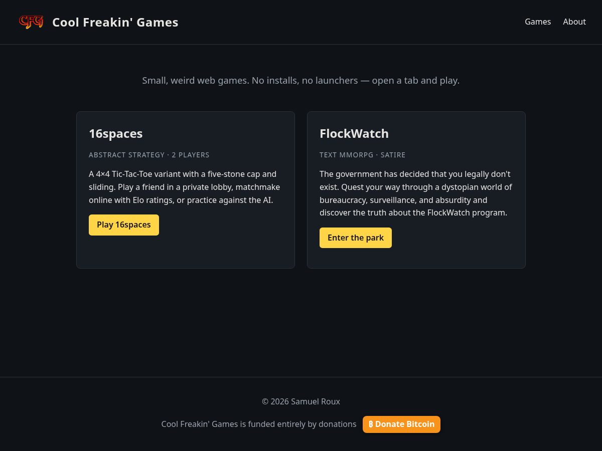 Landing-page snapshot of coolfreakingames.dev