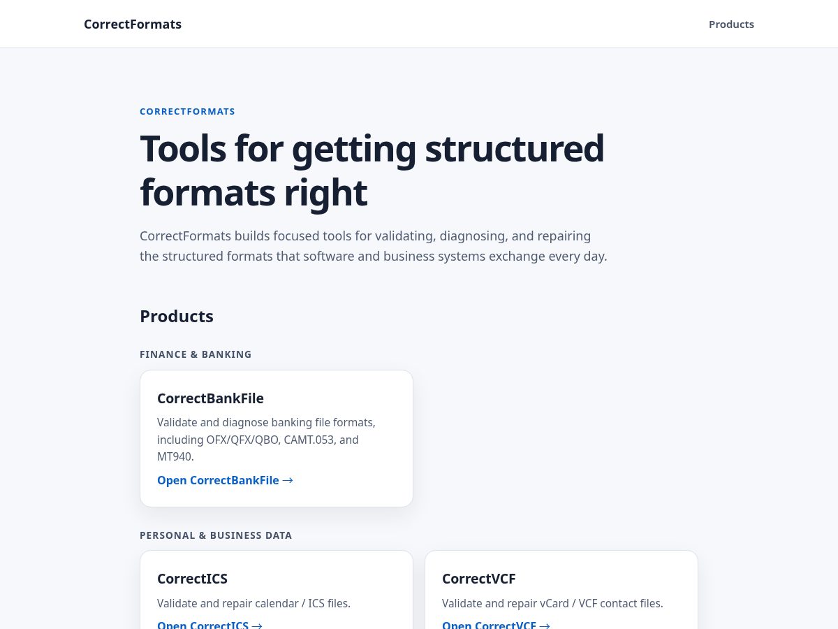 Landing-page snapshot of correctformats.com