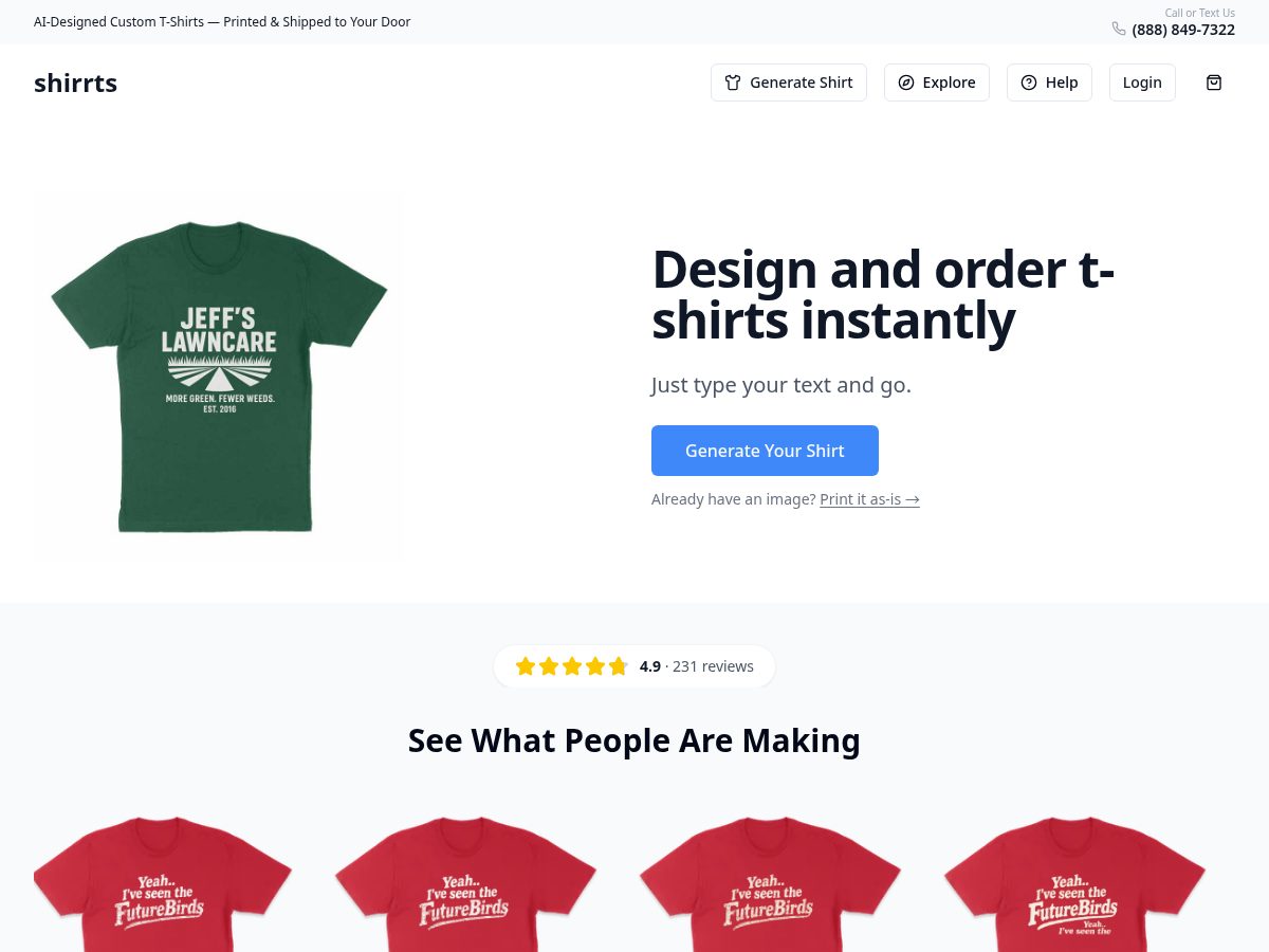 Landing-page snapshot of customshirrts.com