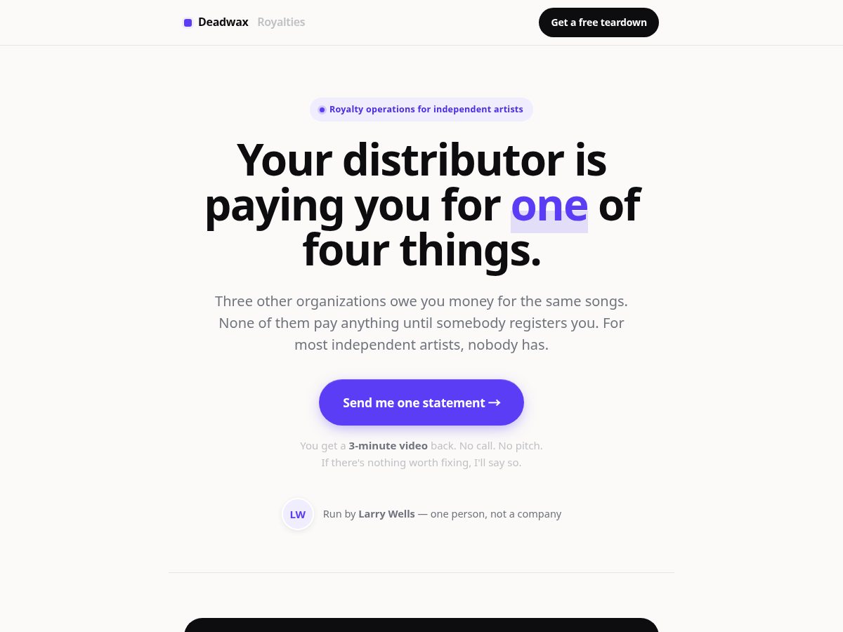 Landing-page snapshot of deadwaxroyalties.com