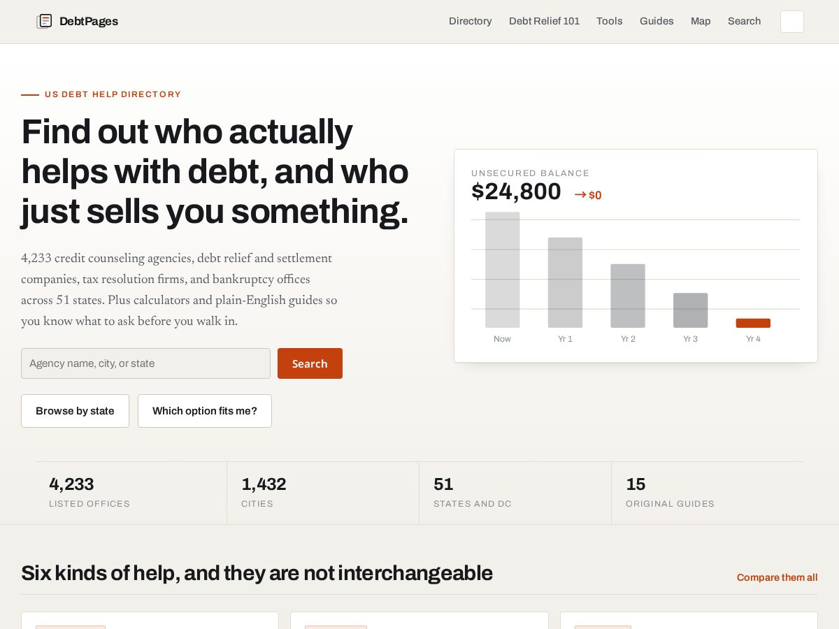 Landing-page snapshot of debtpages.com