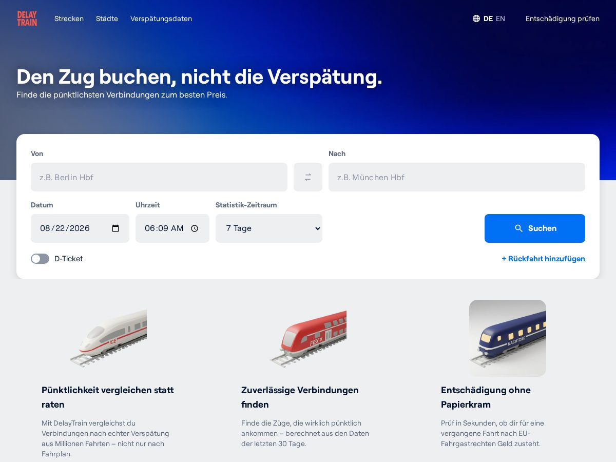Landing-page snapshot of delaytrain.com