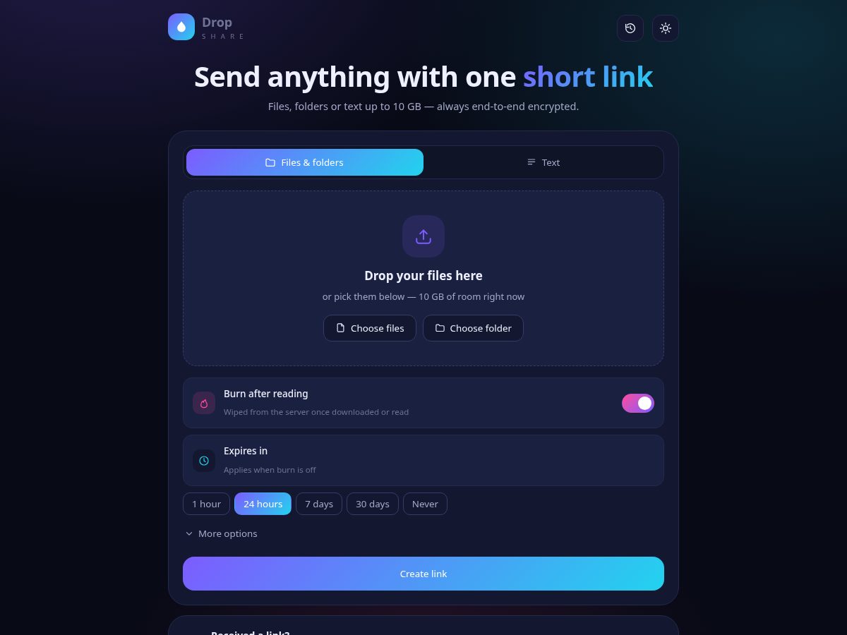 Landing-page snapshot of dropyourfile.online