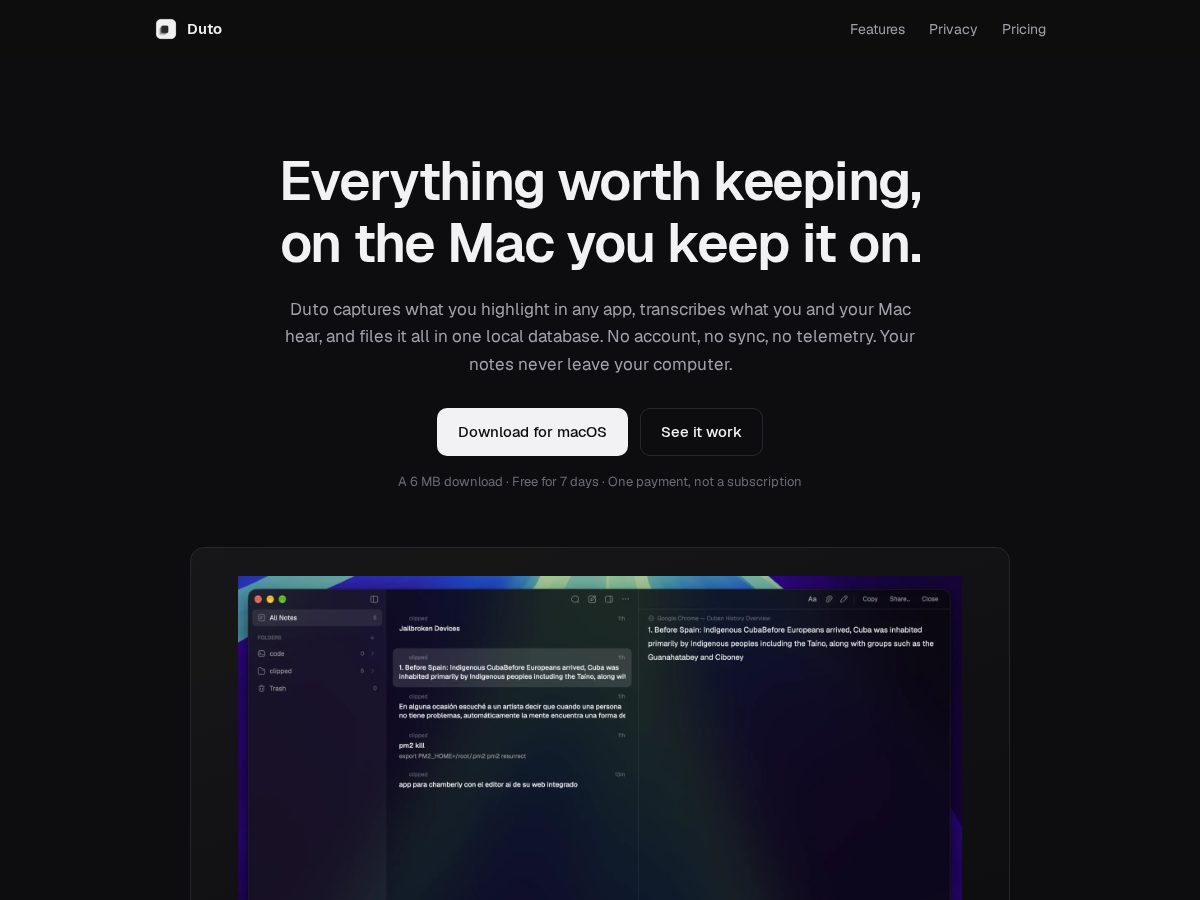 Landing-page snapshot of duto.app