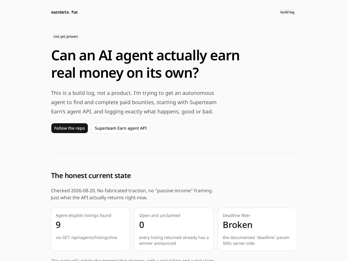Landing-page snapshot of earnbots.fun