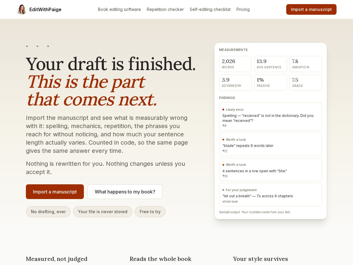 Landing-page snapshot of editwithpaige.com