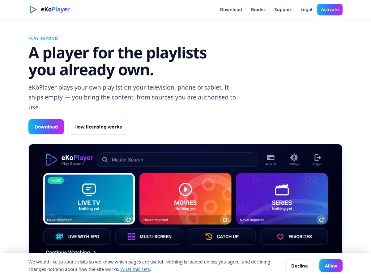 Landing-page snapshot of ekoplayer.com