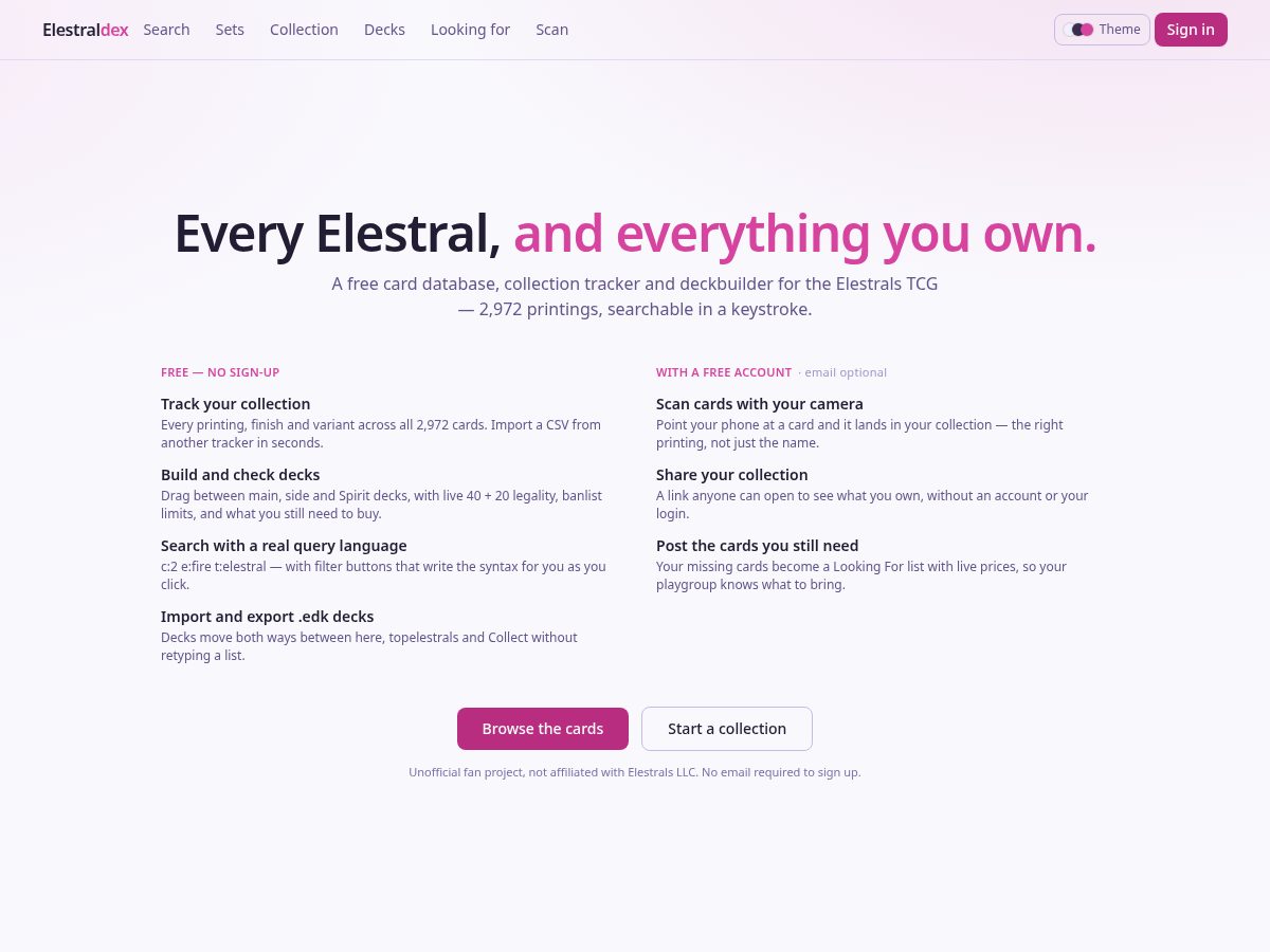Landing-page snapshot of elestraldex.com