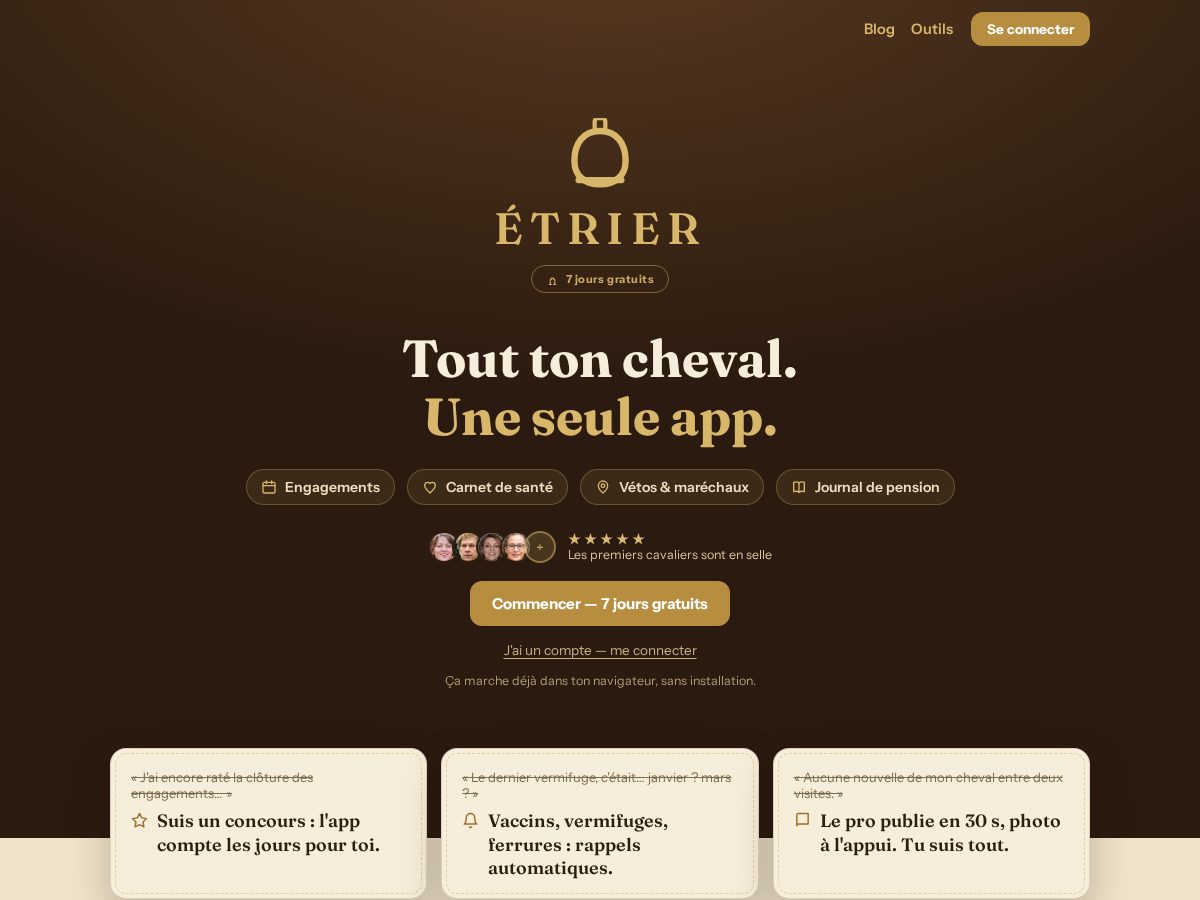 Landing-page snapshot of etrier.app