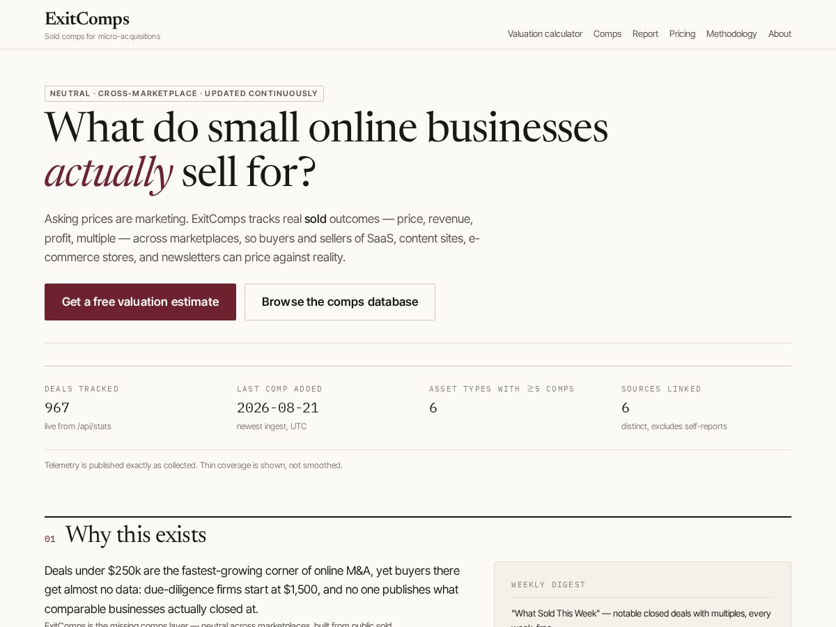 Landing-page snapshot of exitcomps.com