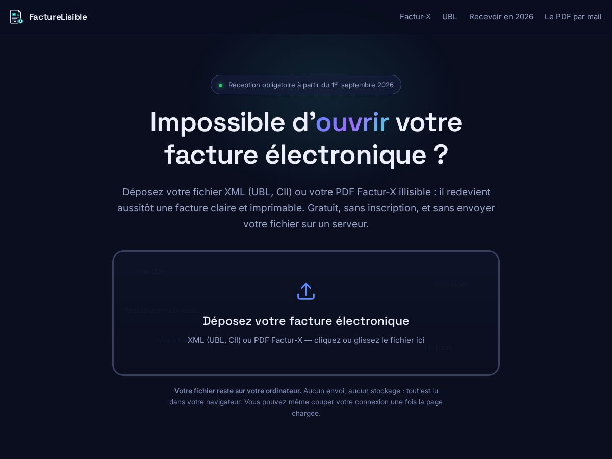 Landing-page snapshot of facturelisible.com