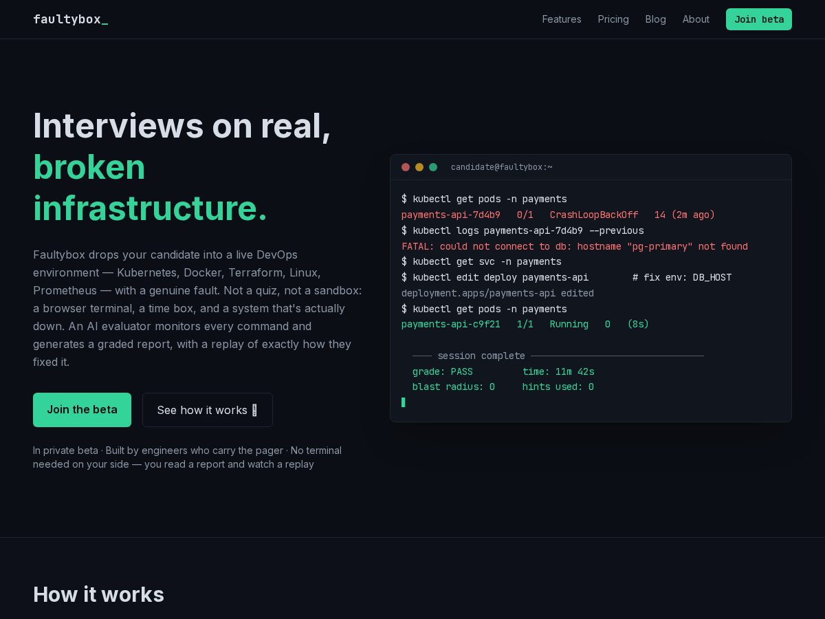 Landing-page snapshot of faultybox.com