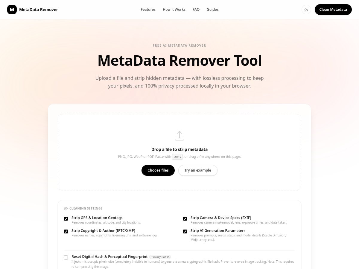 Landing-page snapshot of freemetadataremover.com