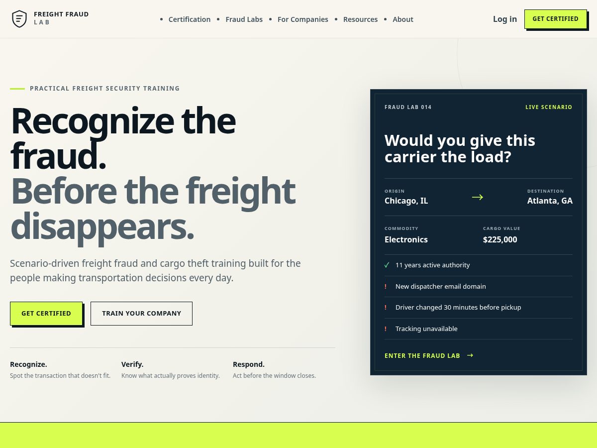 Landing-page snapshot of freightfraudlab.com