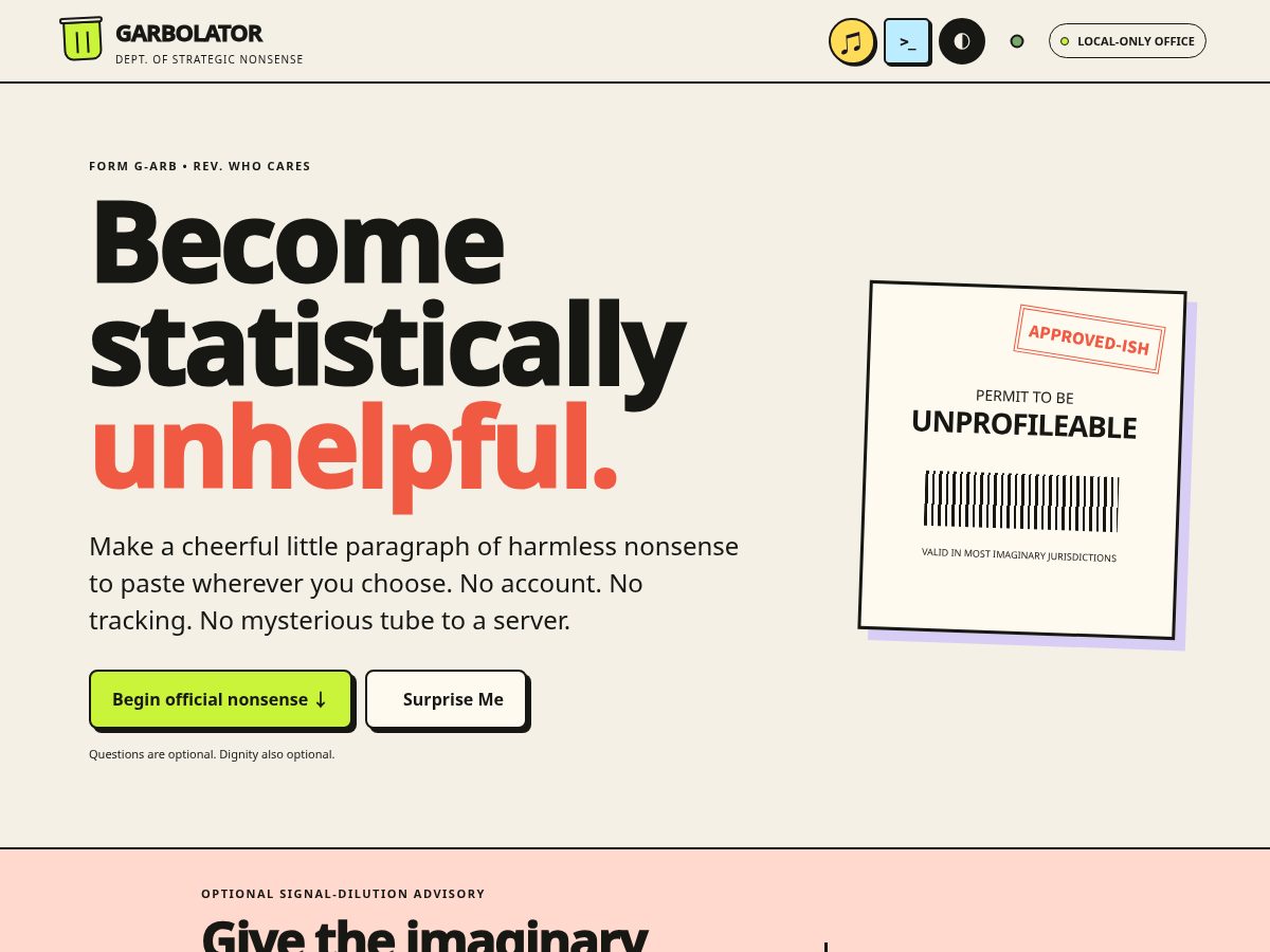 Landing-page snapshot of garbolator.com