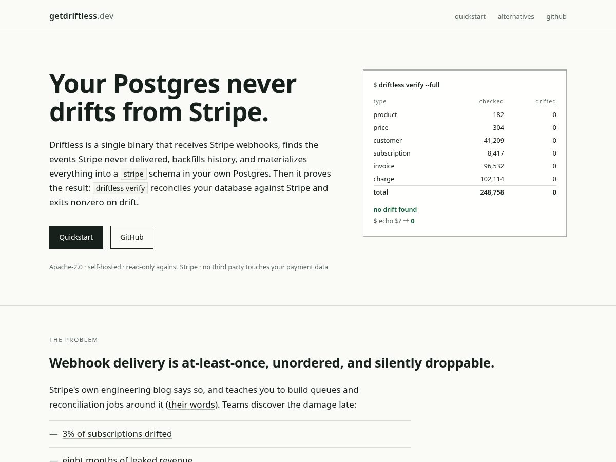 Landing-page snapshot of getdriftless.dev
