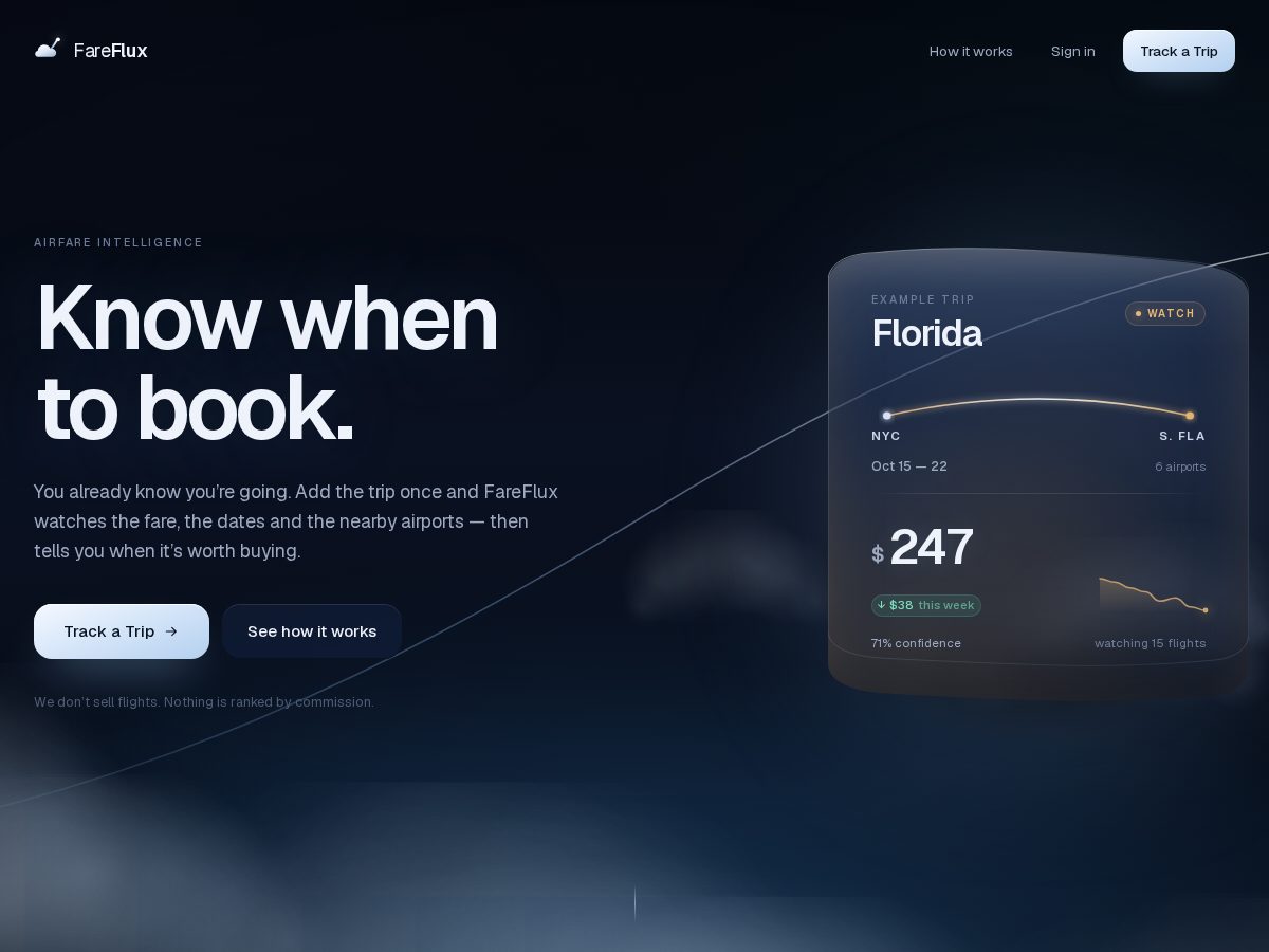 Landing-page snapshot of getfareflux.com