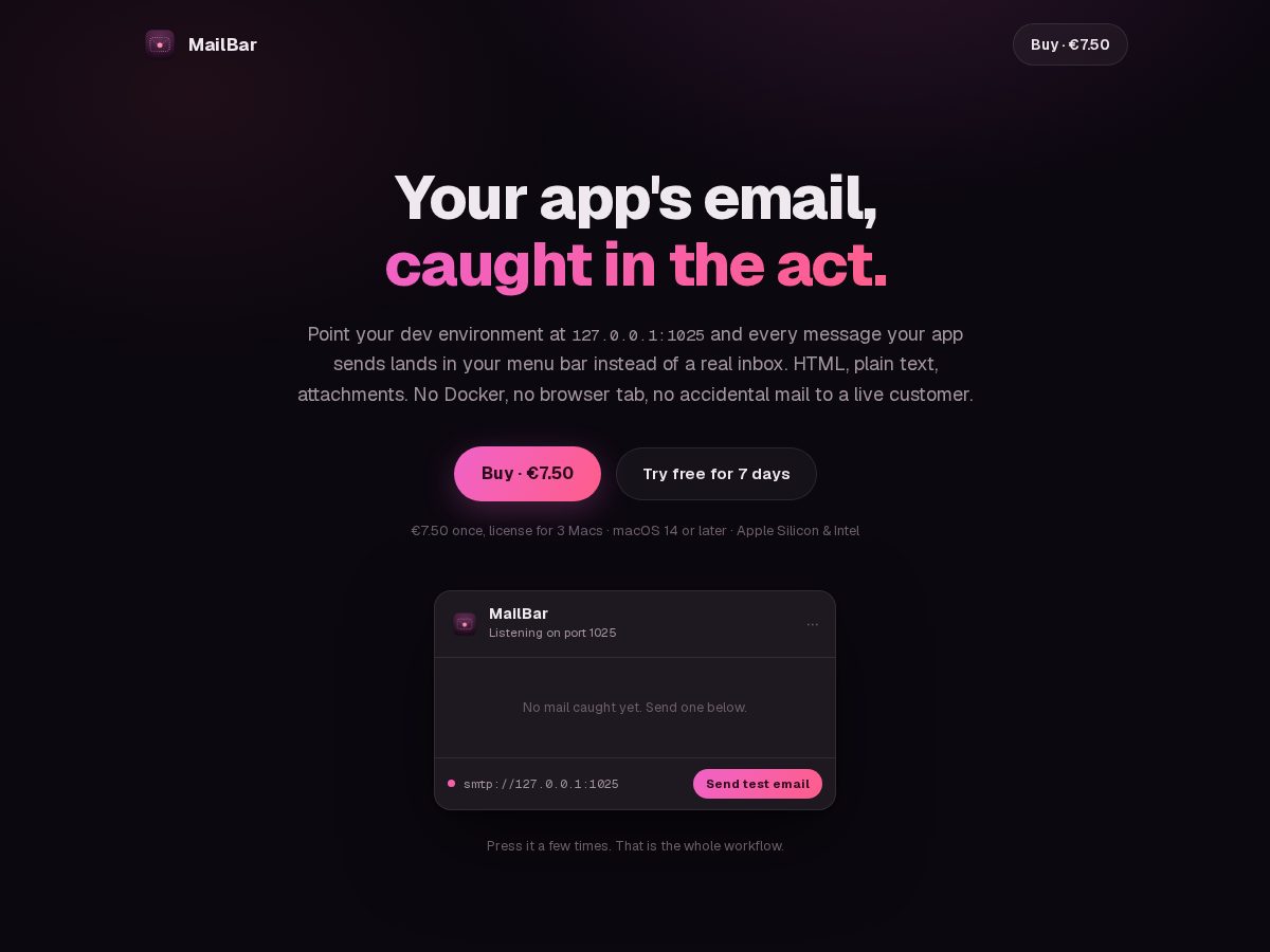 Landing-page snapshot of getmailbar.com