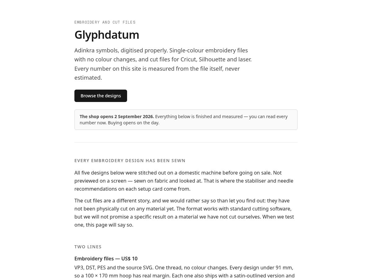 Landing-page snapshot of glyphdatum.com