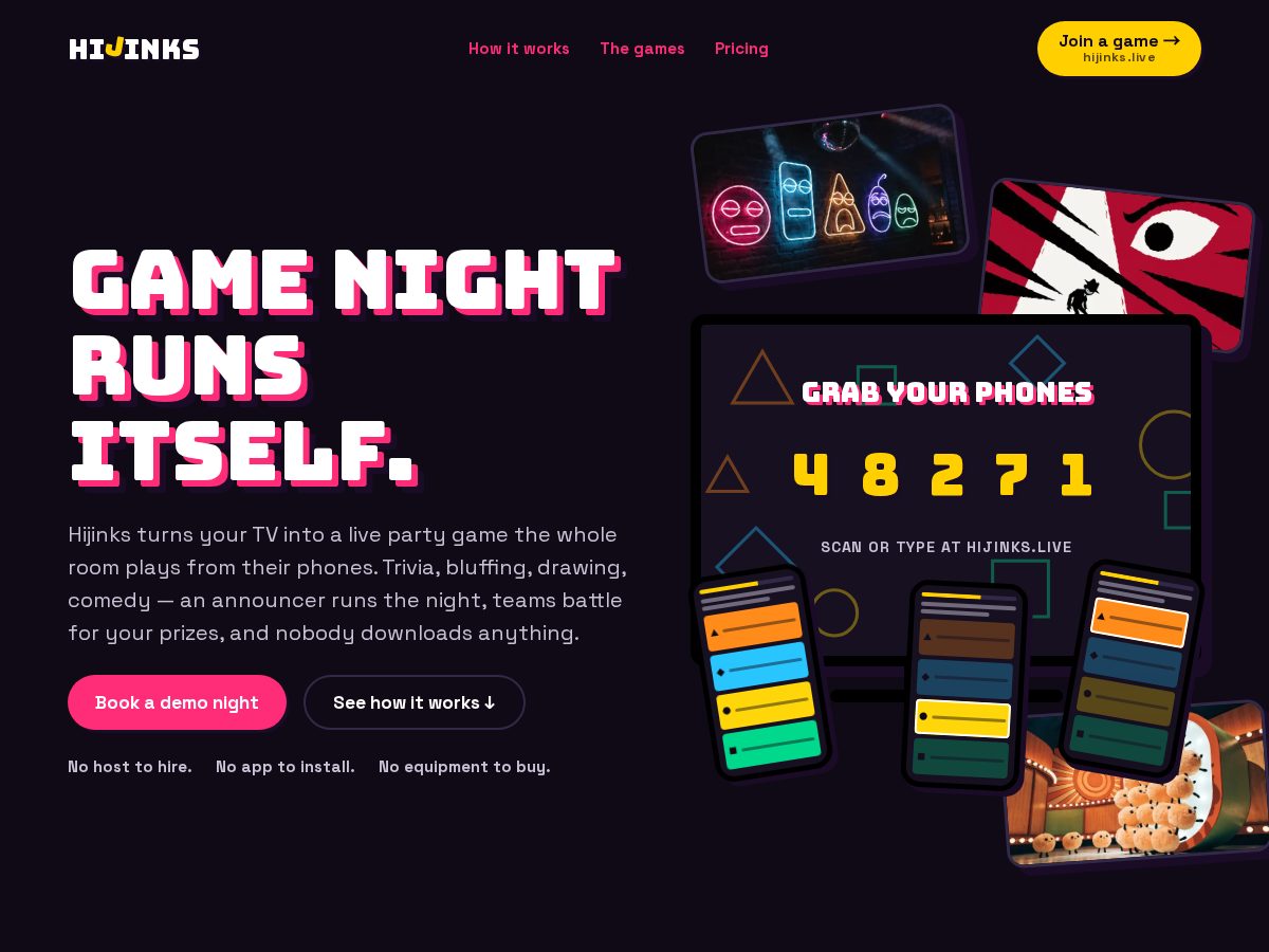 Landing-page snapshot of hijinkslive.com