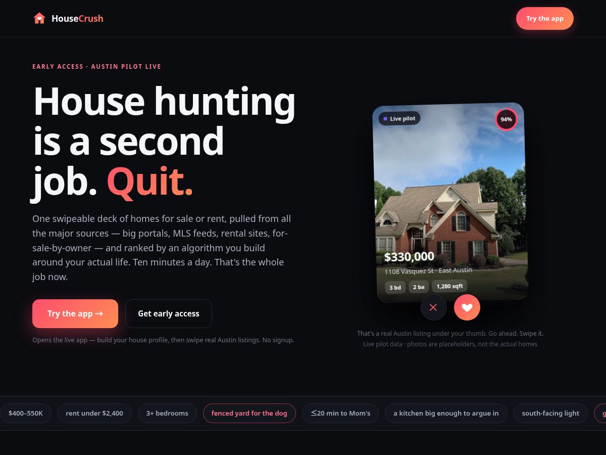 Landing-page snapshot of housecrush.app