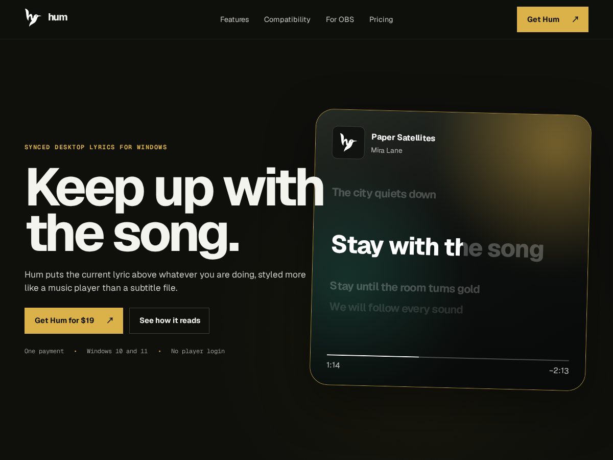 Landing-page snapshot of humlyrics.com