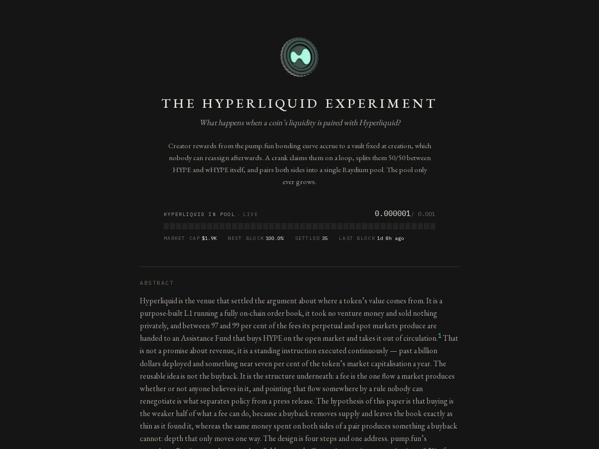Landing-page snapshot of hyperliquidexperiment.com