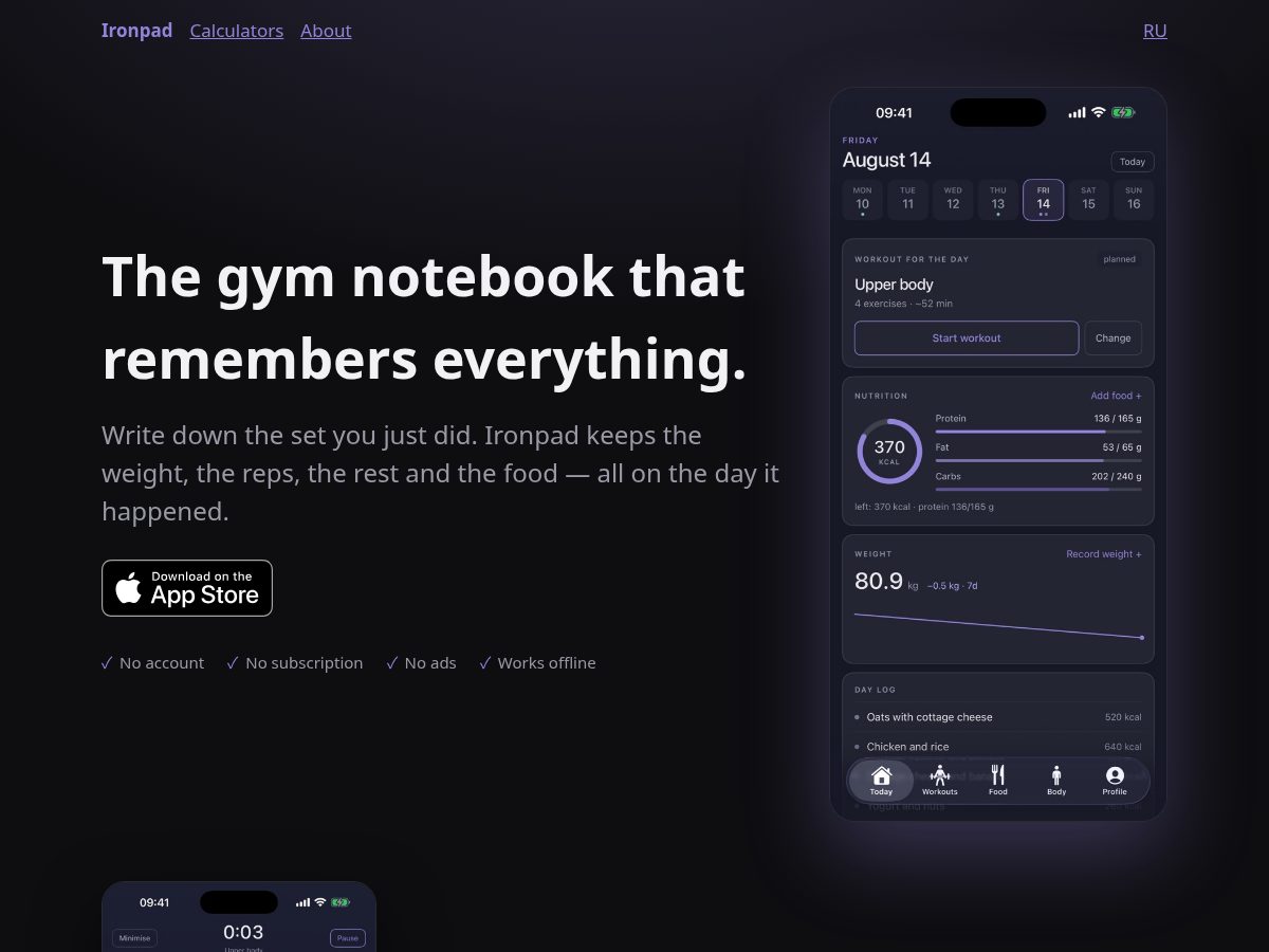Landing-page snapshot of ironpad.app