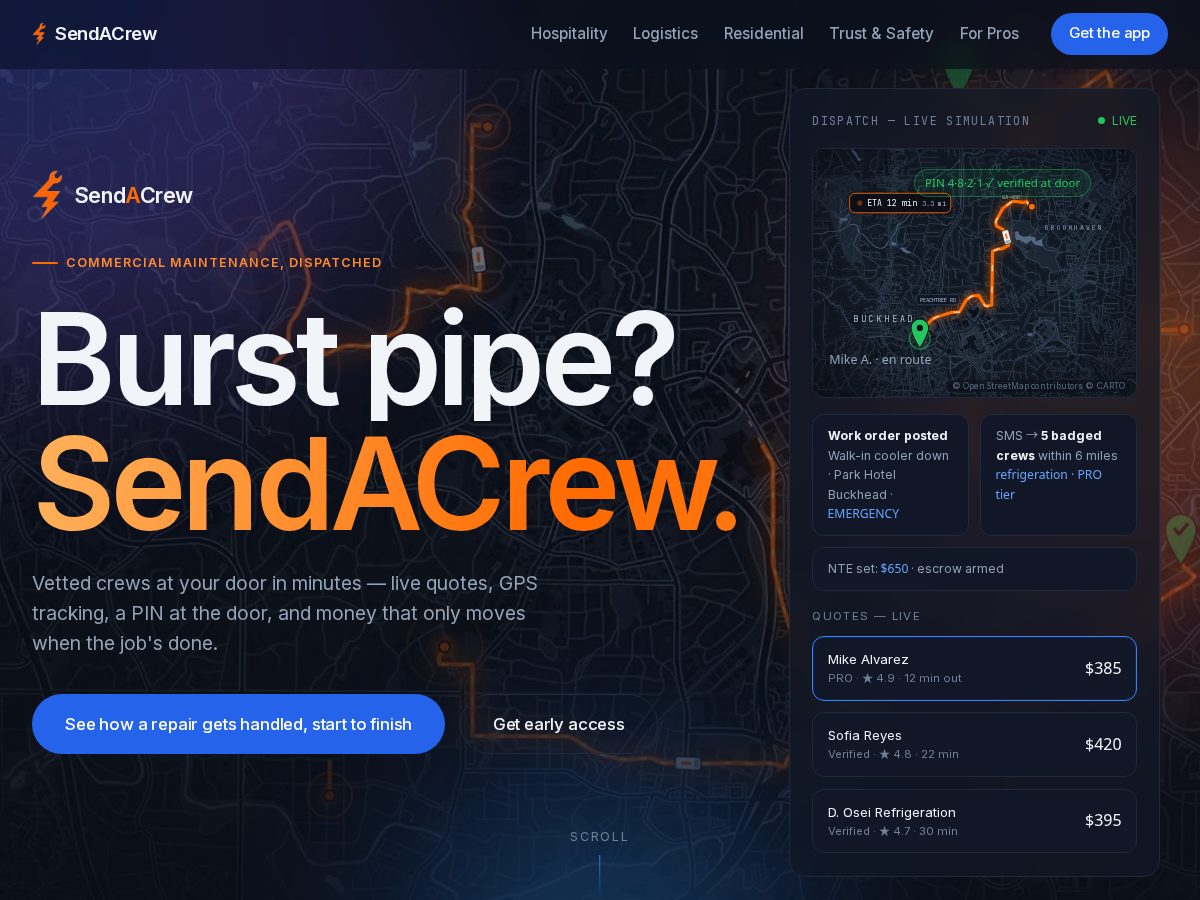 Landing-page snapshot of joinsendacrew.com