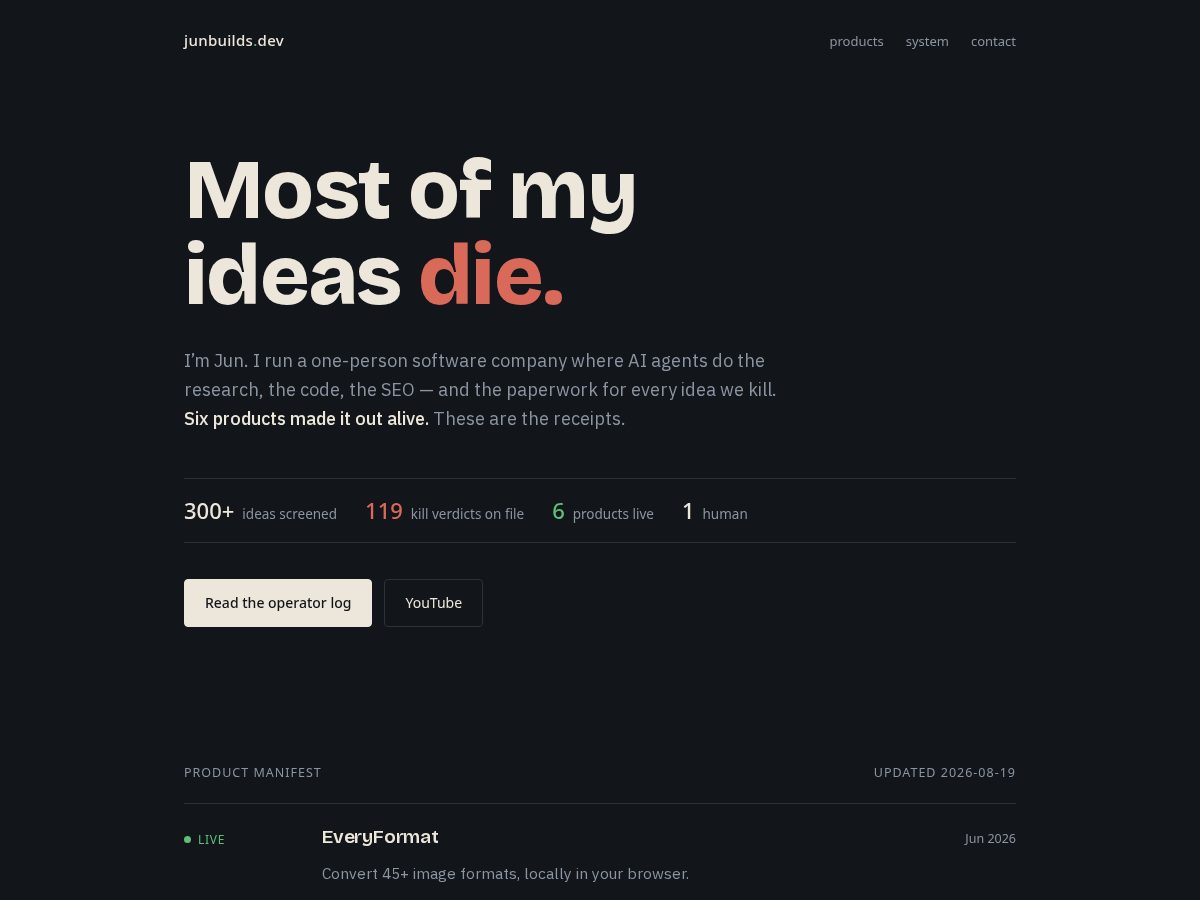 Landing-page snapshot of junbuilds.dev