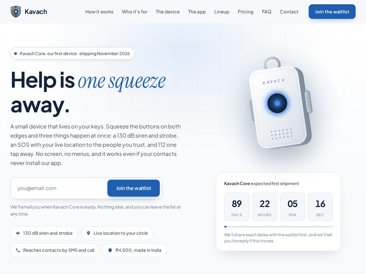 Landing-page snapshot of kavachdevices.com