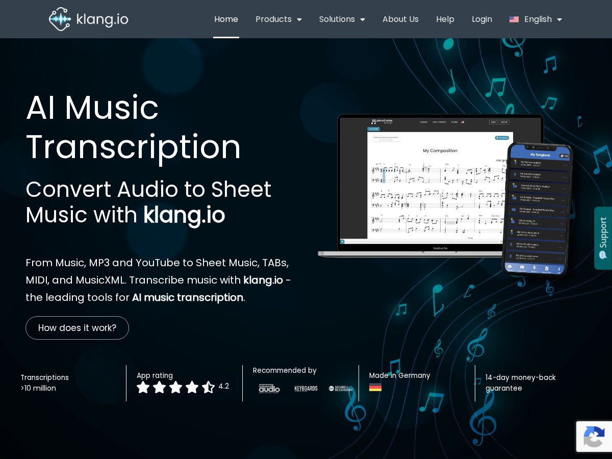 Landing-page snapshot of klangio.tech