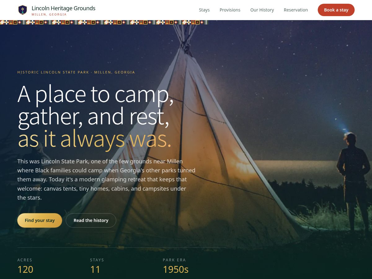 Landing-page snapshot of lincolnheritageglamping.com