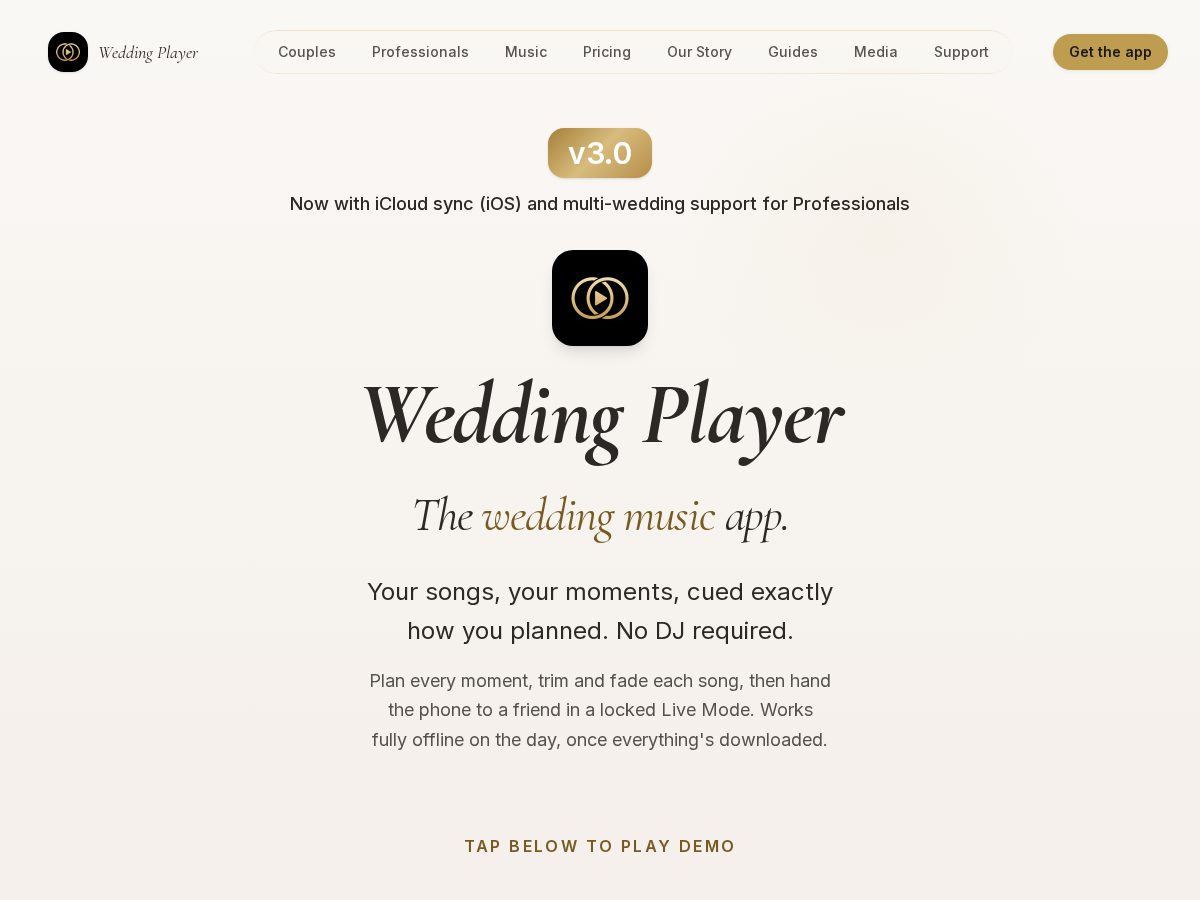 Landing-page snapshot of meetweddingplayerapp.com