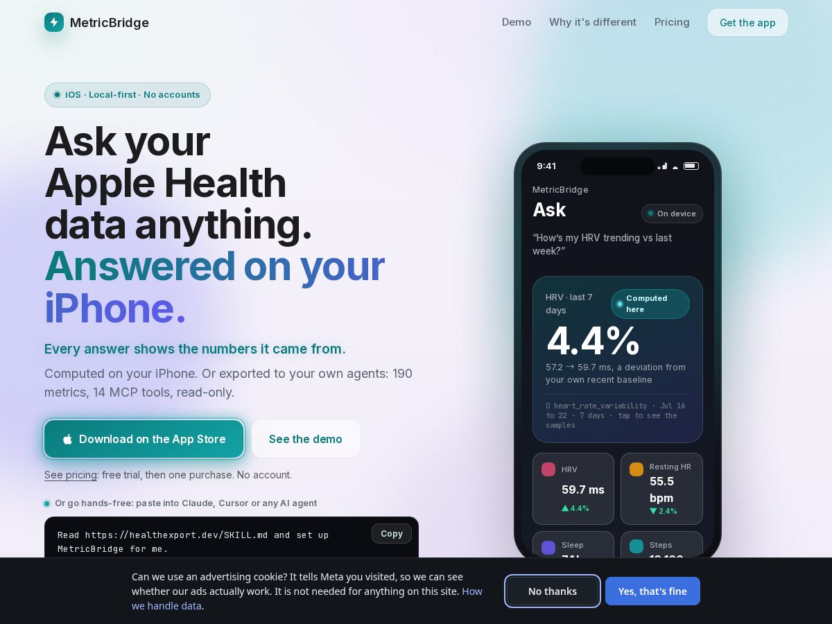 Landing-page snapshot of metricbridge.dev