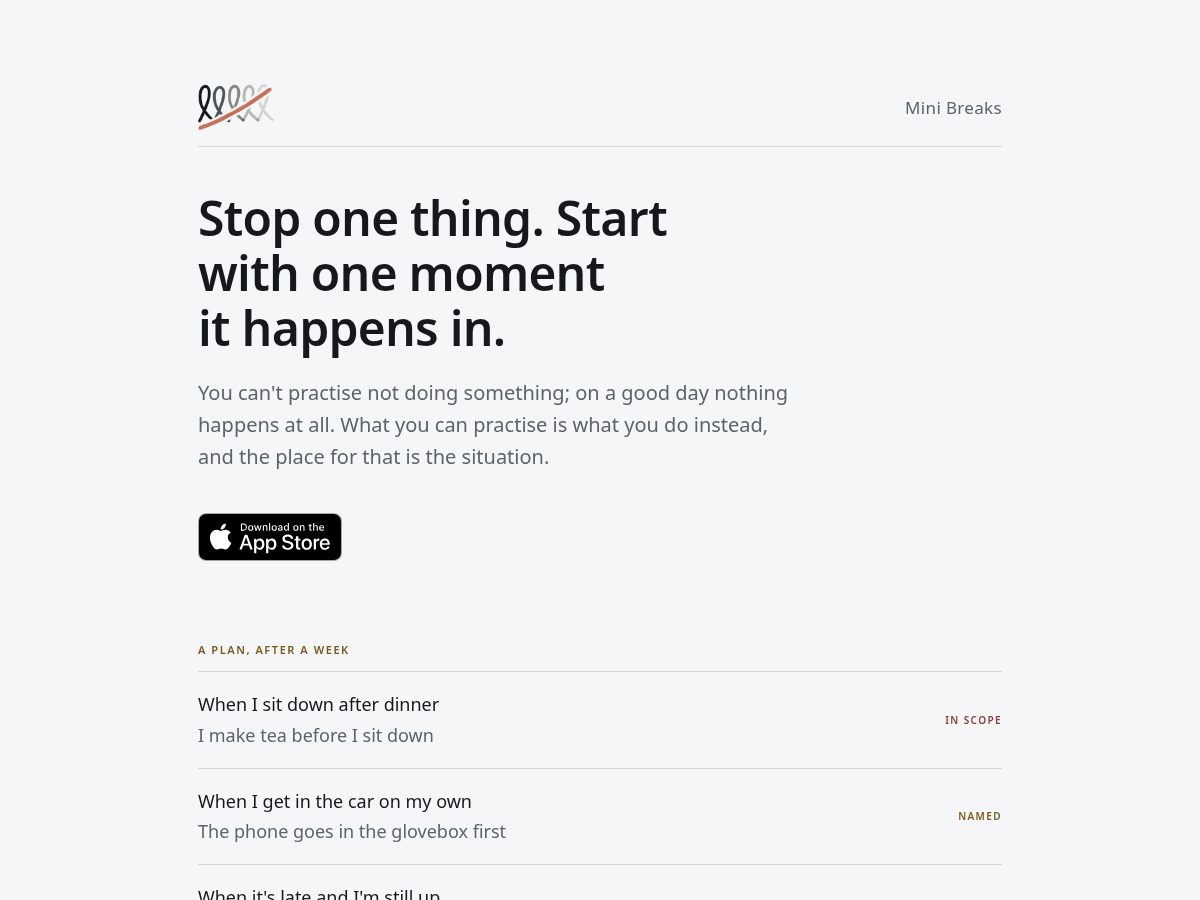 Landing-page snapshot of minibreaks.app