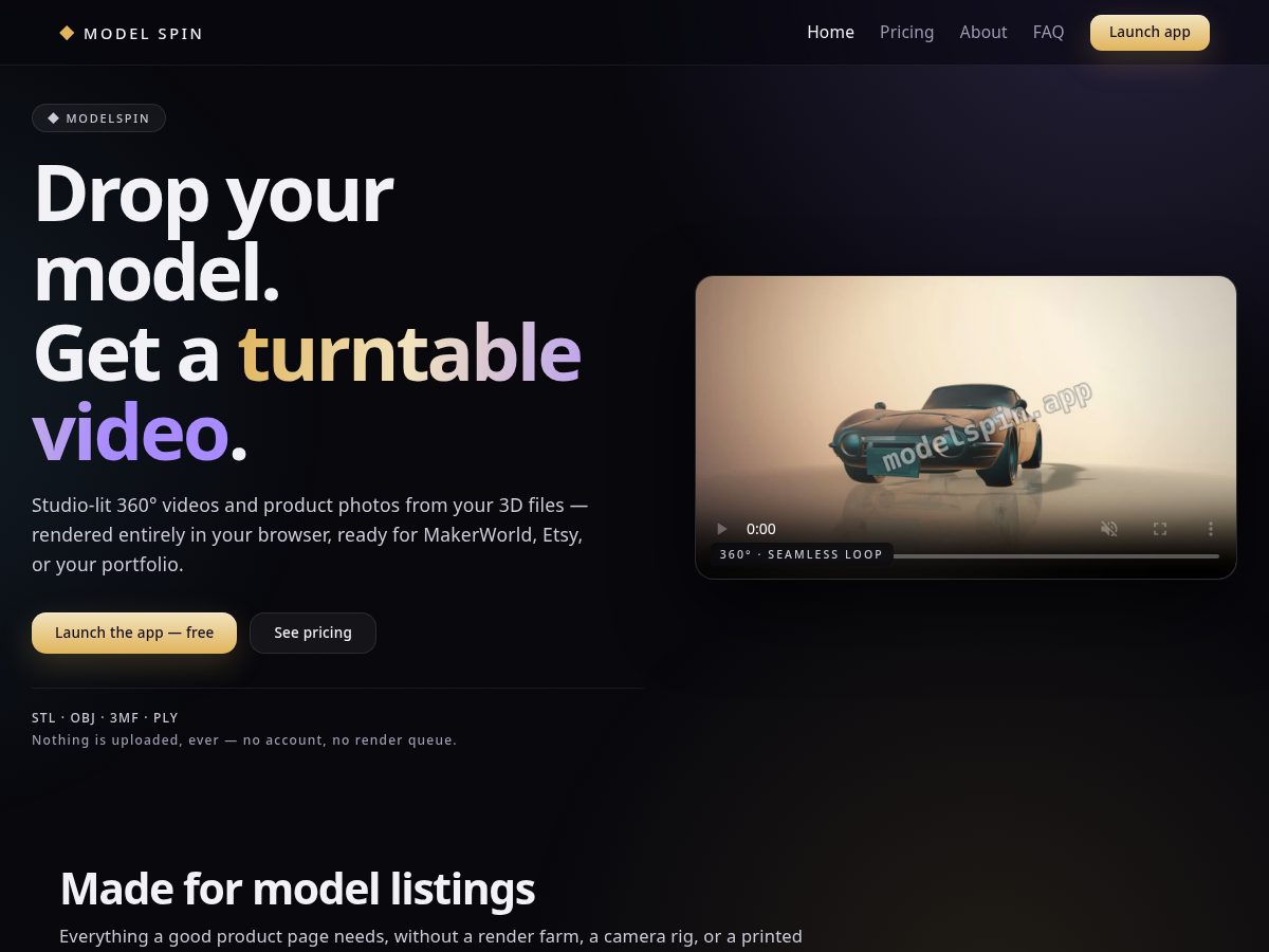 Landing-page snapshot of modelspin.app
