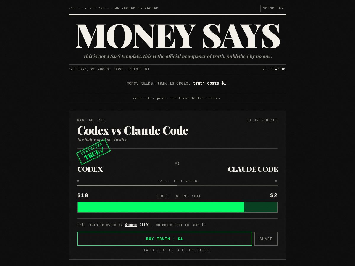 Landing-page snapshot of moneysays.lol