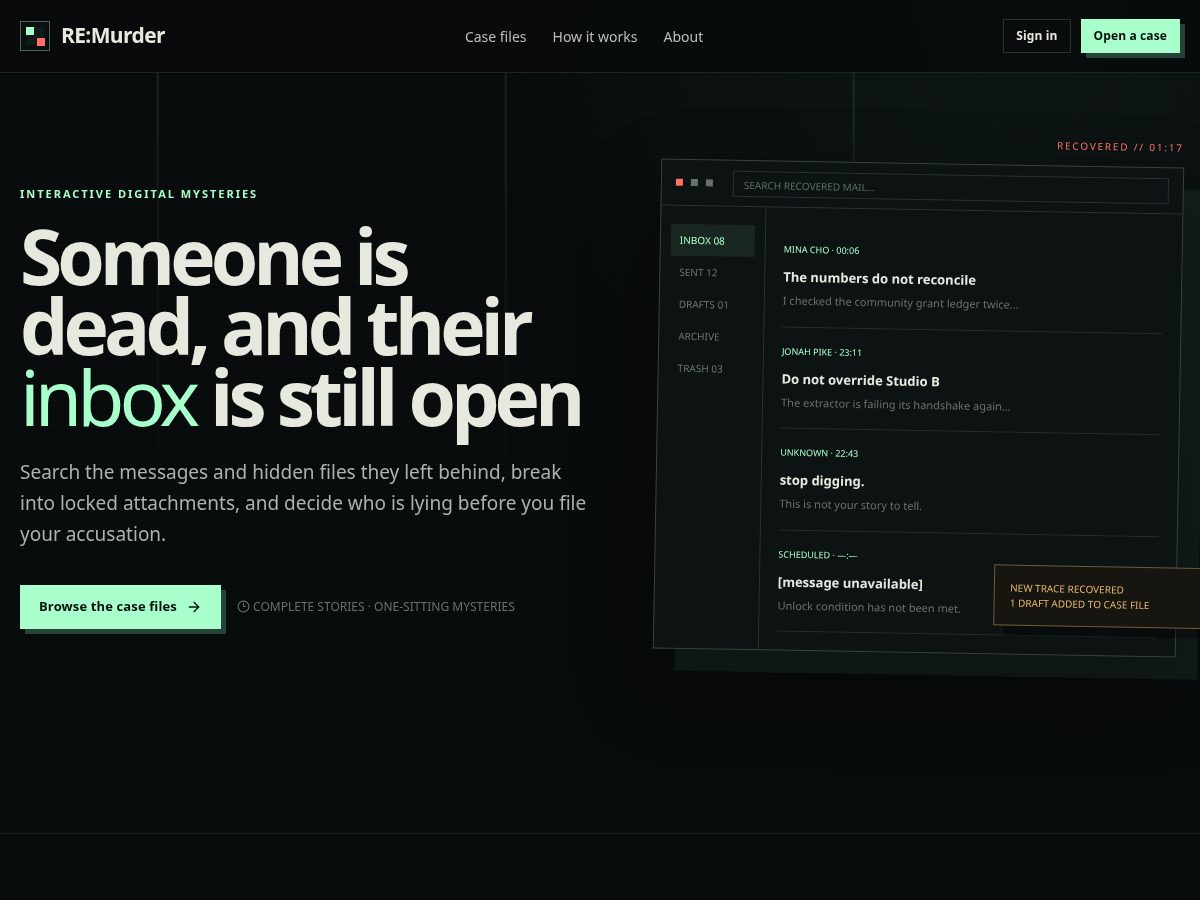 Landing-page snapshot of murder.email