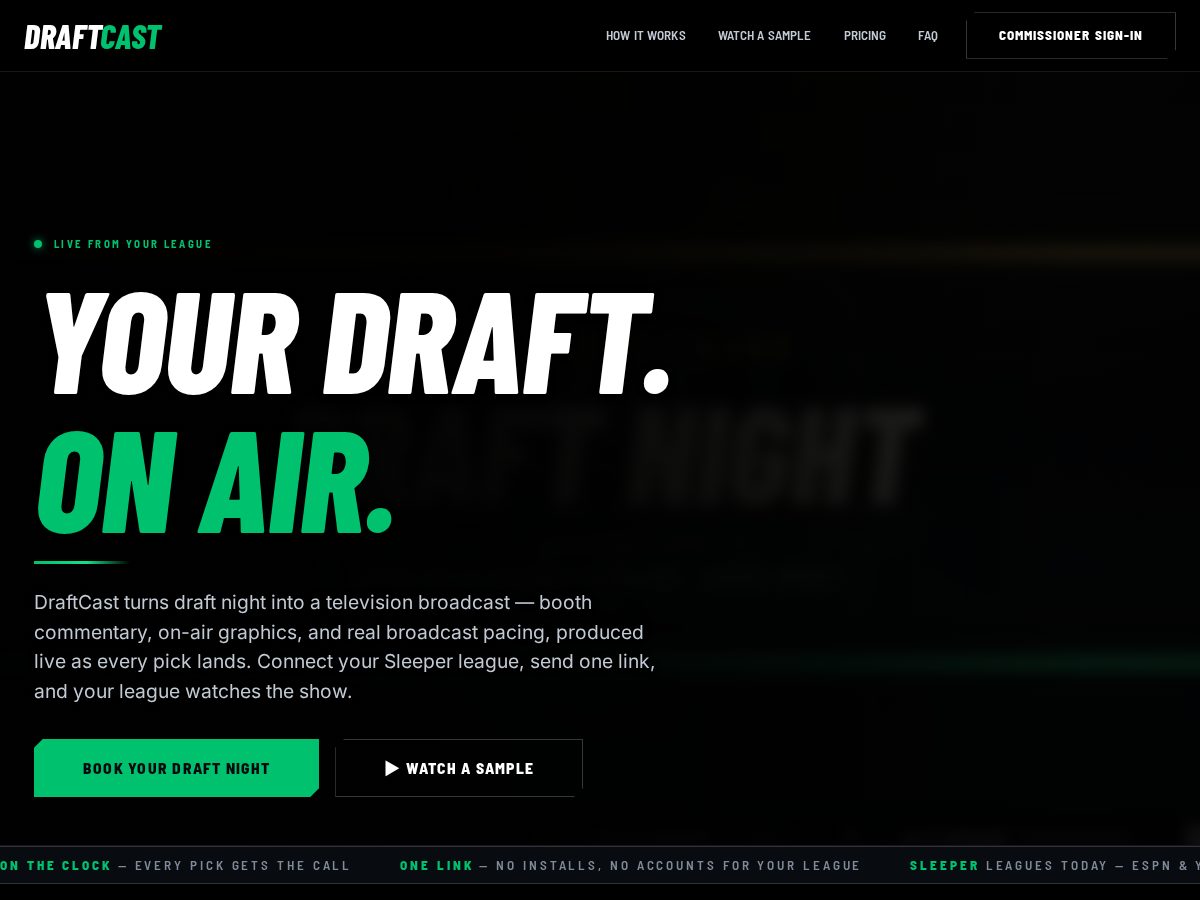 Landing-page snapshot of mydraftcast.com