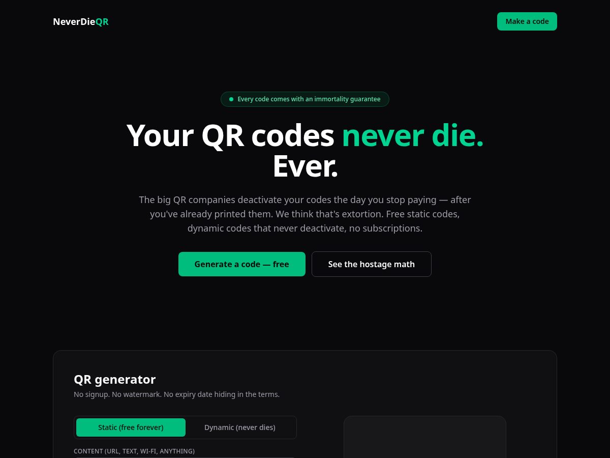 Landing-page snapshot of neverdieqr.com