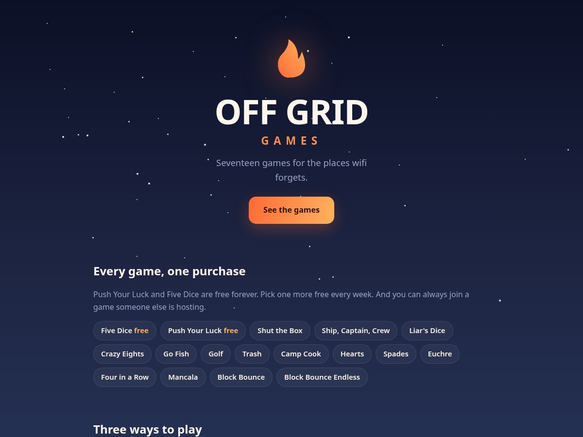 Landing-page snapshot of offgridgames.app