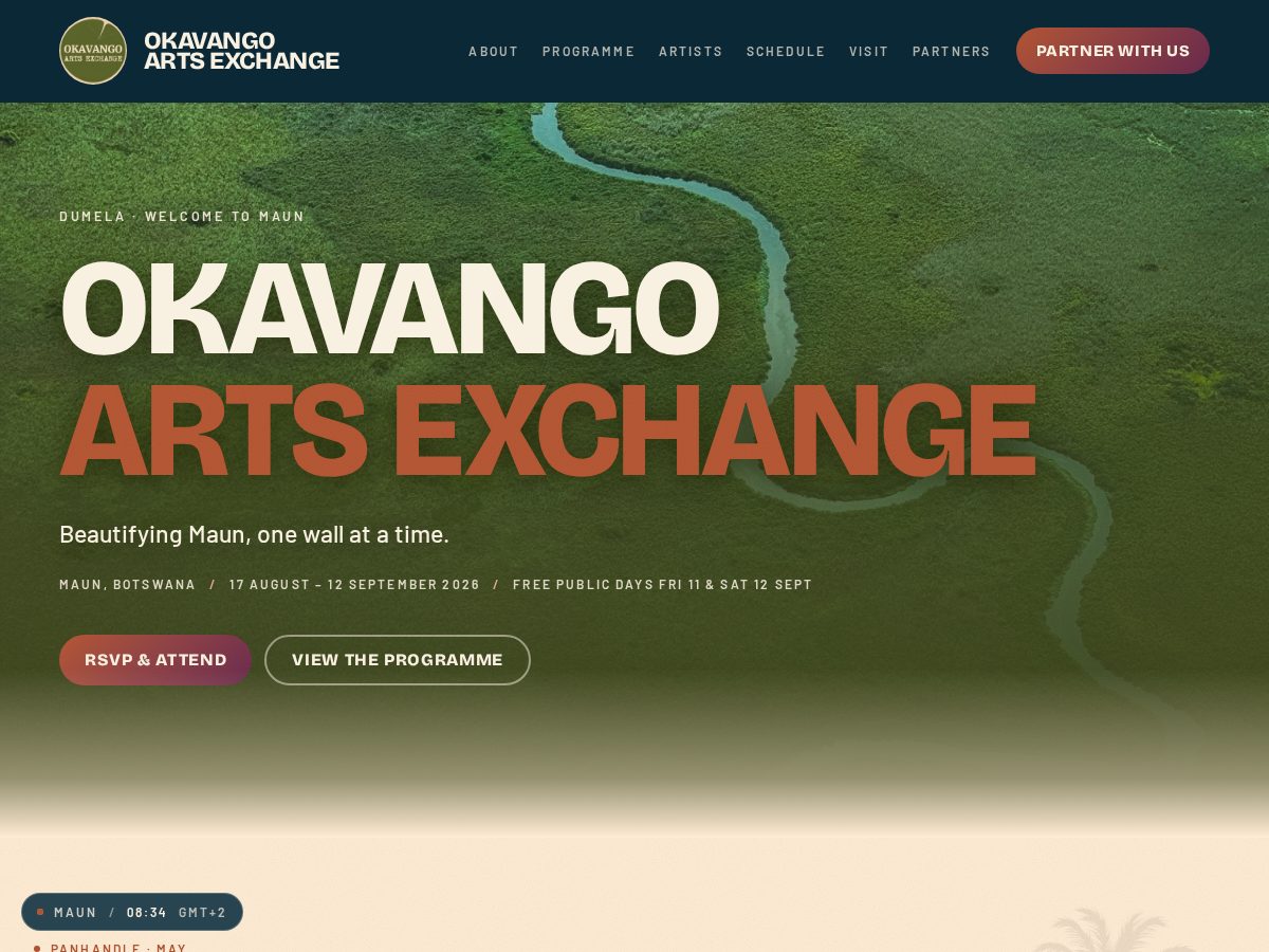 Landing-page snapshot of okavangoarts.com
