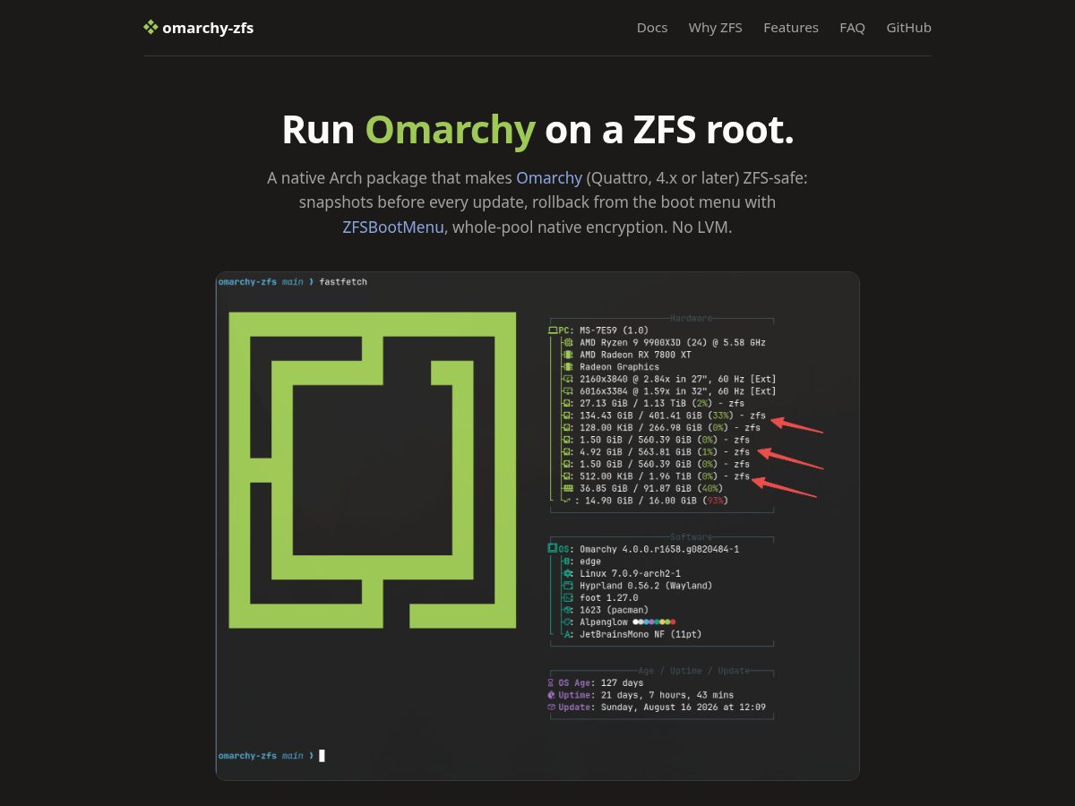 Landing-page snapshot of omarchy-on-zfs.com